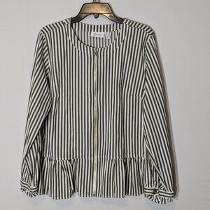 D & CO. Denim + Company Olive Green Cotton Ticking Striped Zip Top; Size L